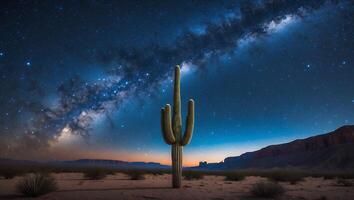 Cactus Under the Milky Way Galaxy in Desert Landscape at Night photo