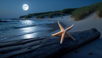 Starfish Resting on Driftwood at Night with Moonlit Ocean View photo