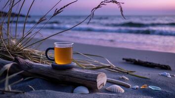 Enjoying Warm Beverage by the Ocean at Twilight with Calm Waves photo