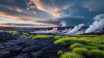 Lava Field with Green Grass and Steam at Dusk Landscape photo