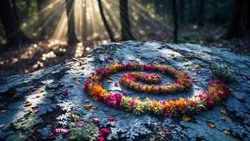 Flower Spiral on Rock Formation in Forest with Sunlight Rays photo