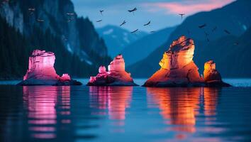 Rock Formations in Lake Reflecting Light with Dragonflies at Dusk photo