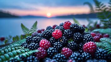 Fresh Blackberries and Raspberries with Sunset Over Water Background photo