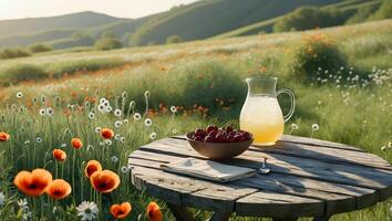 Lemonade and Cherries on Table with Meadow Flowers Background photo
