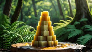 Stack of Yellow Cubes with Drizzle on Wood in Forest photo