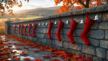 Festive Holiday Stockings Hung on Stone Wall in Autumn Landscape photo