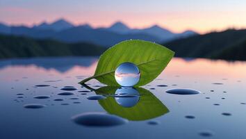 Water Droplets and Leaf with Reflection of Mountains at Sunset photo