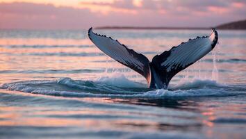 Whale Tail Diving at Sunset Creates Splashing Water in Ocean photo
