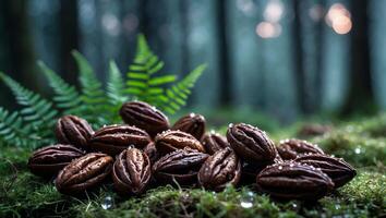 Collection of Seeds with Water Droplets on Moss in Forest Setting photo