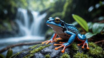 Frog Sitting on Mossy Rock with Flowing Waterfall Background photo