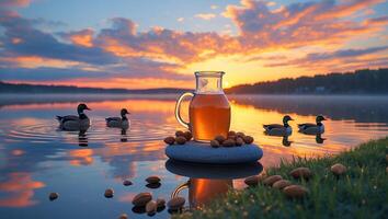 Juice Pitcher at Sunset Lake with Ducks and Almonds photo