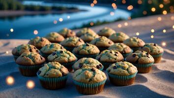 Arrangement of Chocolate Chip Muffins on Sandy Surface Near River photo