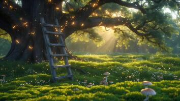 Enchanted Forest Scene with Ladder, Tree, Mushrooms, and Sunlight photo
