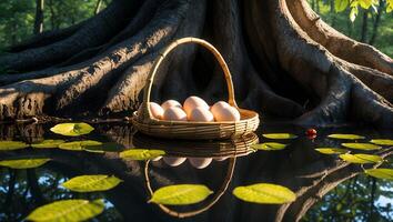 Basket of Eggs Reflecting in Water by a Giant Tree Root photo