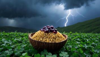 Bowl of Grain Topped with Berries in a Clover Field During Storm photo