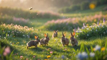 Rabbits Gathering in Sunny Meadow Filled with Wildflowers and Insects photo