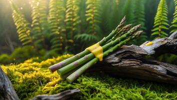 Asparagus Bundle with Sauce Resting on Mossy Wood Outdoors photo