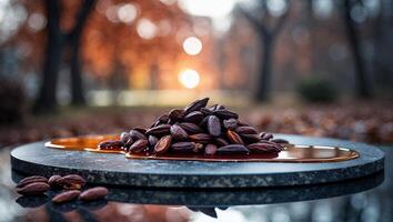 Pile of Almonds with Syrup on a Stone Plate Outdoors photo