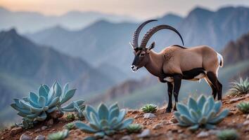 Ibex Standing Tall on Mountain Slope Overlooking Distant Peaks photo