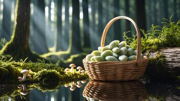 Basket of Green Candies in Forest Setting with Sun Rays photo