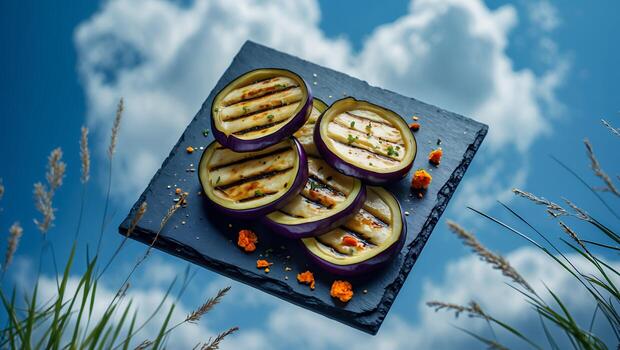 Grilled Eggplant Slices on Slate Plate with Sky and Grass Background photo