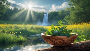 Mint Plant in Wooden Bowl Against Waterfall and Field Backdrop photo