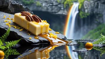 Pecan Bar with Drizzle on Stone Slab Near Waterfall and Rainbow photo