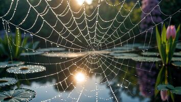 Spiderweb Covered with Dew Drops Over Pond Reflecting the Sunlight photo