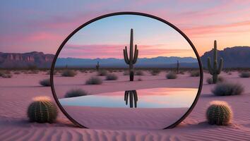 Desert Landscape with Circle Frame and Cactus Reflected in Water photo