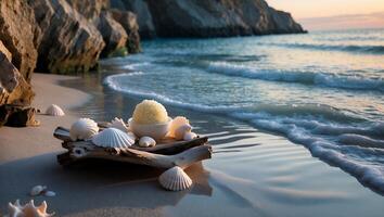 Seashells and Bath Sponge on Beach Log at Sunset Seaside photo
