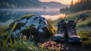 Hiking Boots and Trail Snacks by Lake at Sunset Adventure photo