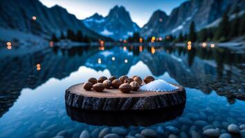 Walnuts and Salt Presentation on Wood with Calm Mountain Lake photo