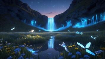 Glowing Waterfall Illuminating Night Landscape with Flying Insects and Flowers photo