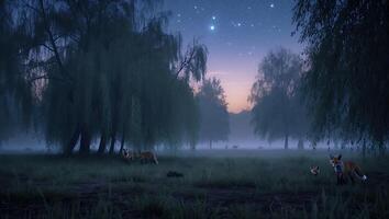 Fox Family Roaming in Foggy Meadow Under Night Sky photo