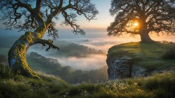 Standing Tree on Cliffside Overlooking Misty Valley at Dawn photo