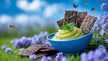Serving of Green Dip with Crackers on Grass with Flowers photo