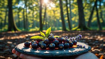 Serving Fresh Currants on Slate Plate in Sunny Forest Setting photo