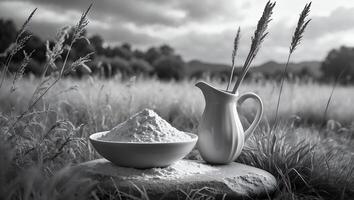Still Life Bowl of Flour and Pitcher in Grassy Field photo