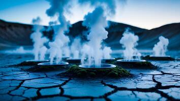 Geothermal Steam Vents on Cracked Earth with Mountain Background photo