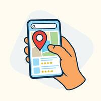 Hand holding light blue smartphone displaying map location pin search results with yellow star vector