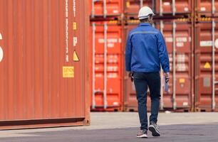 Portrait of a worker in a container warehouse survey the area to plan the storage and moving of goods in and out of the container storage area,151 photo
