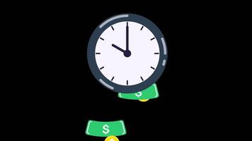 Animated clock with falling money symbolizing the concept of time is money. Ideal for business, finance, investment and productivity themes. Transparent background video