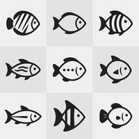 Nine Simple Black and White Fish Icons Set Graphic Design Elements vector