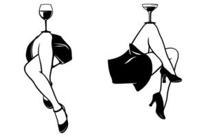 Woman Legs with Wine Glass Standing on Knee. Black and white cliparts isolated on white. Wine glasses are separate objects. vector