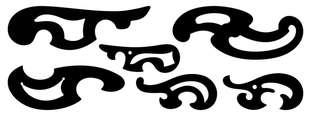 French Curves Set. Drafting Tools. Black and white cliparts isolated on white.