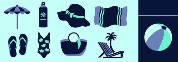 Seaside vacation icon set with beach umbrella, sunscreen, sun hat, towel, flip-flops, swimming suit, bag, lounge chair and palm tree, inflatable ball. Editable icon elements, size and color. vector