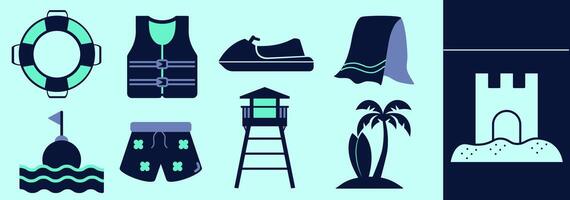 Seaside vacation icon set with life belt, life vest, opened umbrella, buoy, ski jet, towel, men swimming shorts, lifeguard tower, surf boards, sand castle. Editable icon elements, size and color. vector