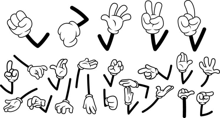 Outlined Cartoon Hands Showing Numbers Peace And Action Signs In Retro Style