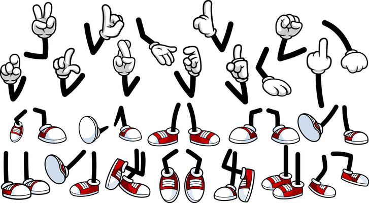 Cartoon Arms And Legs With Red Sneakers And Gloved Hands In Funny Poses
