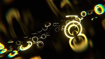 Dark Space with Levitating Metal Spheres and Yellow Neon Rings Background VJ Loop in 4K video